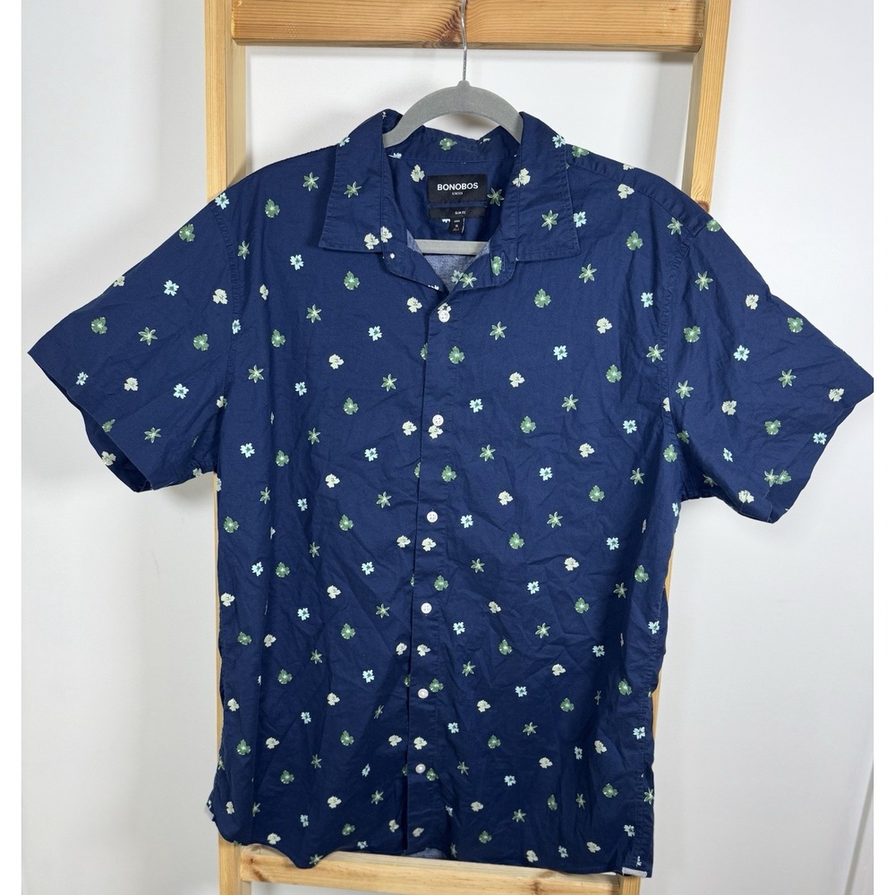 Bonobos Men's Long Stretch Slim Fit Short Sleeve Shirt Navy Floral Size XL